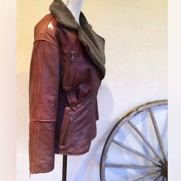 HURRICANE COLLECTION Gray Shearling & Brown Glove Soft Genuine Leather Jacket - Picture 3 of 11